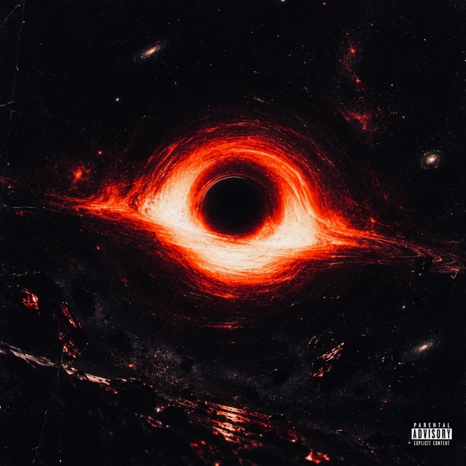 Arte original de Interstellar: um buraco negro cercado por luz vermelha e estrelas